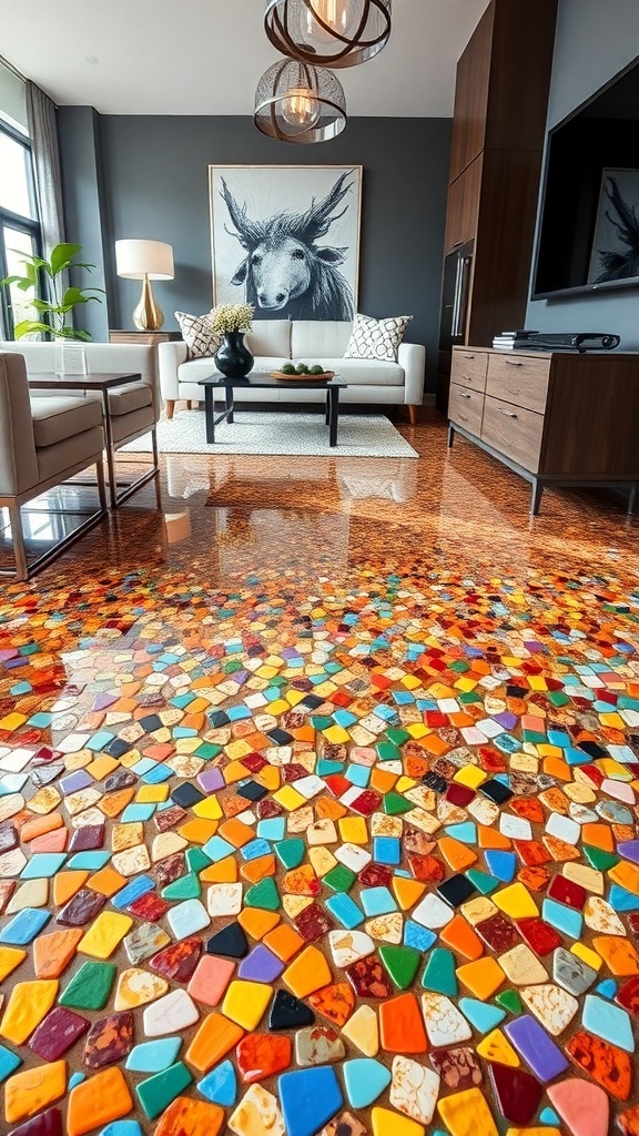 Vibrant chip flooring in a modern interior, showcasing colorful designs and glossy finish.